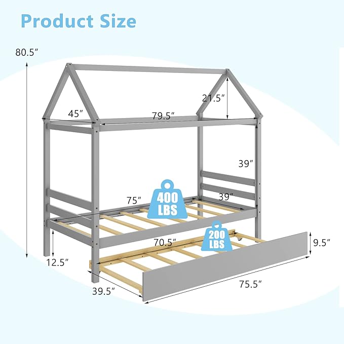 KOMFOTT Twin House Bed with Trundle, Solid Wood Playhouse Platform Bed Frame, Kids Daybed with Roof for Girls & Boys, No Box Spring Needed, Noise-Free Design, Easy Assembly, Grey