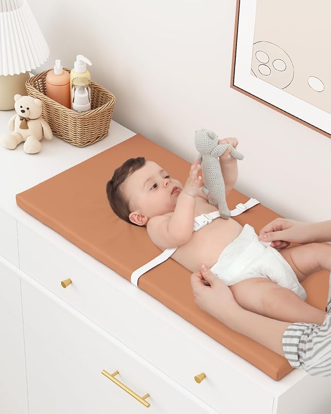 YACODAVO Wipeable Baby Changing Pad for Dresser and Table, Cozy Diaper Changing Pad with Waterproof & Wipe-Clean Leather Cover, Standard Size (31.5" L x 15.8" W), Coffee Color