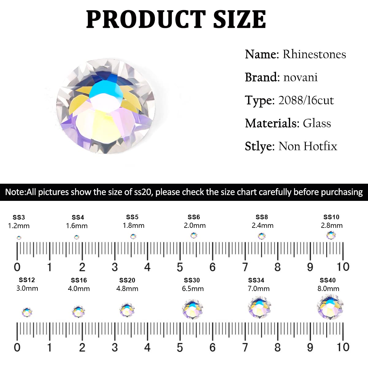 Novani Moon Night Rhinestones 1440pcs Flat Back Round Rhinestone Style 2088 Sparkly Crystal Gemstones for Nail Art and Crafting SS20,4.6-4.8mm