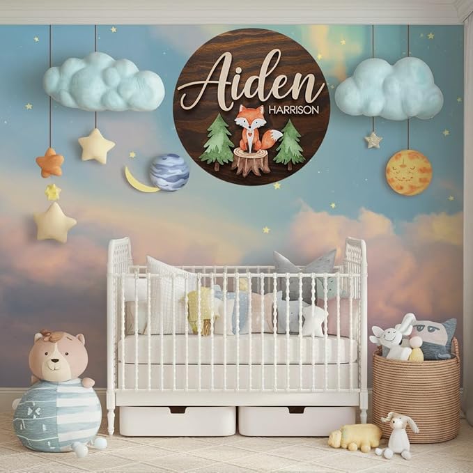 Personalized Wooden Name Signs for Nursery, Fox Sign for Baby Door Decor, Newborn Gifts for Boy, Boys Nursery Wall Bedroom Decorations, Mother's Day Gifts for New Mom Dad Gift