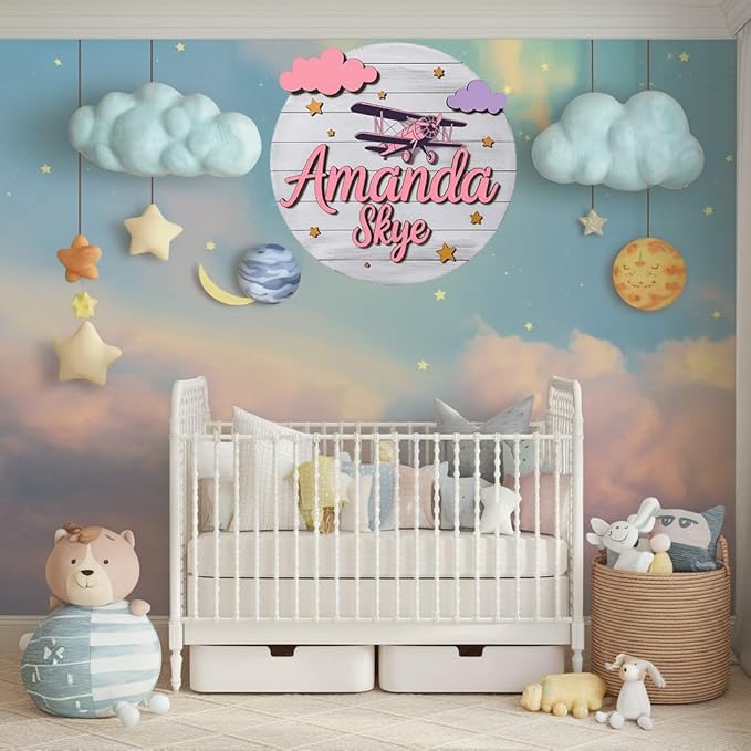 Personalized Wooden Name Signs for Nursery, Pink Plane Sign for Baby Door Decor, Newborn Gifts for Girl, Girls Nursery Wall Bedroom Decorations, Mother's Day Gifts for New Mom Dad Gift