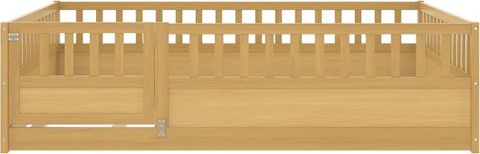 Bellemave Full Floor Bed with Slats, Full Size Floor Beds with High Fence and Door, Montessori Floor Bed Frame, No Box Spring Needed, Easy Assemble Montessori Bed, Natural