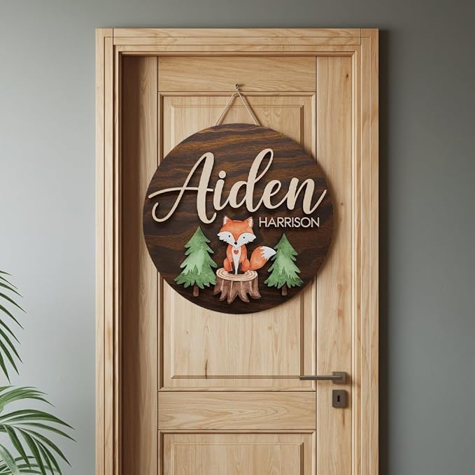 Personalized Wooden Name Signs for Nursery, Fox Sign for Baby Door Decor, Newborn Gifts for Boy, Boys Nursery Wall Bedroom Decorations, Mother's Day Gifts for New Mom Dad Gift