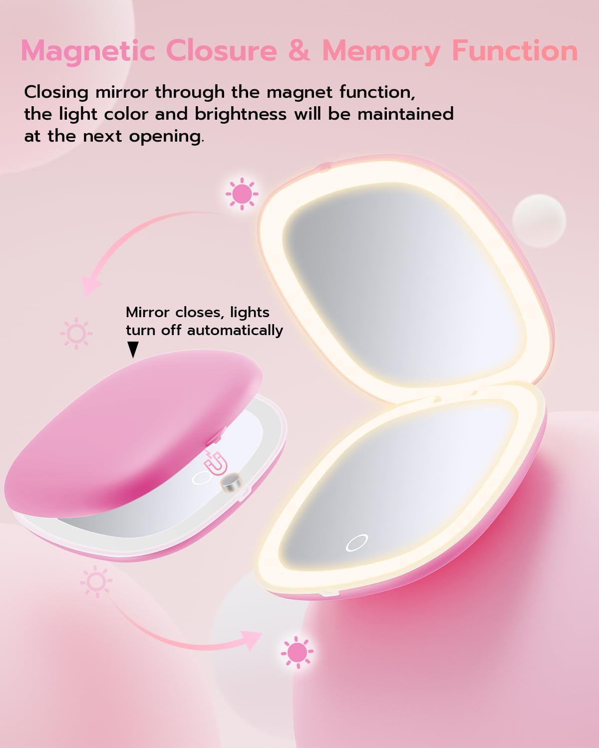 Benbilry 3.9" Rechargeable Compact Makeup Mirror with 3 Light Colors and Magnification 1X / 10X, Double Light Strip Dimmable Small LED Travel Mirror for Purse, Pink
