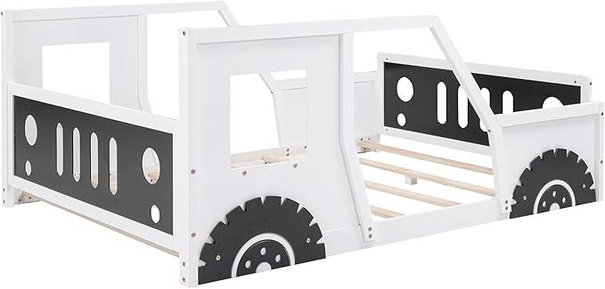 Merax Full Size Classic Car-Shaped Platform Bed with Wheels, Wood Car Bed Frame for Boys, White