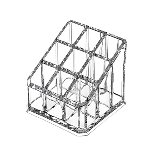 Acrylic Makeup Organizer Cosmetic Storage Display Case Makeup Brush Holder Organizer Lipstick Dispenser Canister Bathroom Container (3.5 x 3.5 x 2.6 in, 9 Partitions, Transparent)