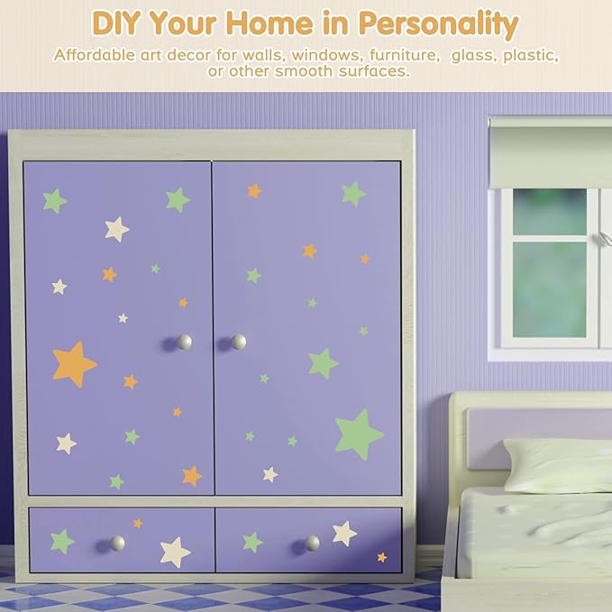 Stars Wall Stickers for Girls Kids, Vinyl Colorful Stars Wall Decals Peel and Stick, Spring Theme Stars Wall Stickers for Kids Room Nursery Girls Bedroom