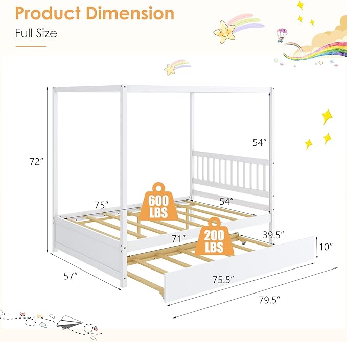 KOMFOTT Full Bed with Trundle, Solid Wood Canopy Bed Frame with Headboard, Modern Space Saving Full Bed with Twin Trundle Bed, No Box Spring Needed, Canopy Bed Frame