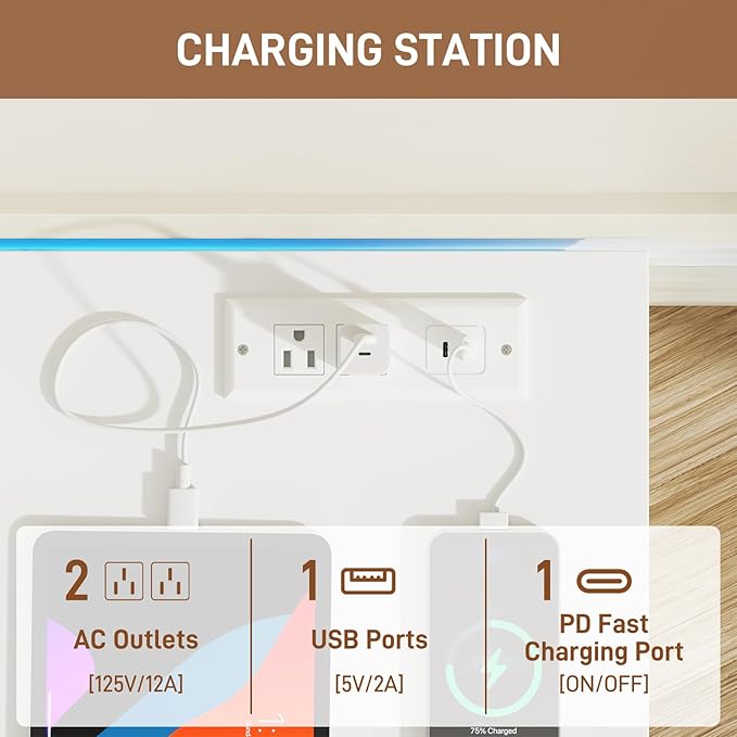 10 Drawer Dresser for Bedroom, 63“ Wide 34” Tall Drawer Organizer Cabinet with LED Light and Charge Station, Modern Chest of Drawers for Closet, Living Room, Entryway, Hallway (White, 10 Drawers)