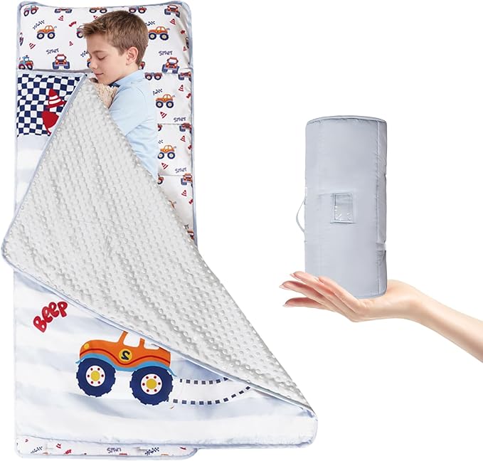 Toddler Nap Mat with Pillow and Minky Blanket 55''x35'' Toddler Sleeping Bag for Daycare, Preschool Travel Camping Mat Nap Mat for Boys and Girls