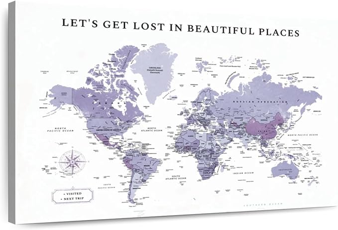 ElephantStock - Beautiful Places II Push Pin World Map Wall Art - Horizontal Canvas Wall Art - Living Room Wall Decor - Digital Art Map Canvas Art - White And Black Decor - 48" x 32"