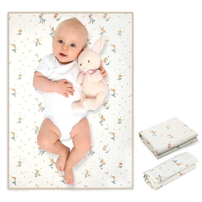 Vegan Leather Baby Changing Mat - Wipeable Portable Changing Pad, Foldable Travel Changing Mat for Baby, Newborns Toddlers Shower Gifts (Orange Floral,20"*28")