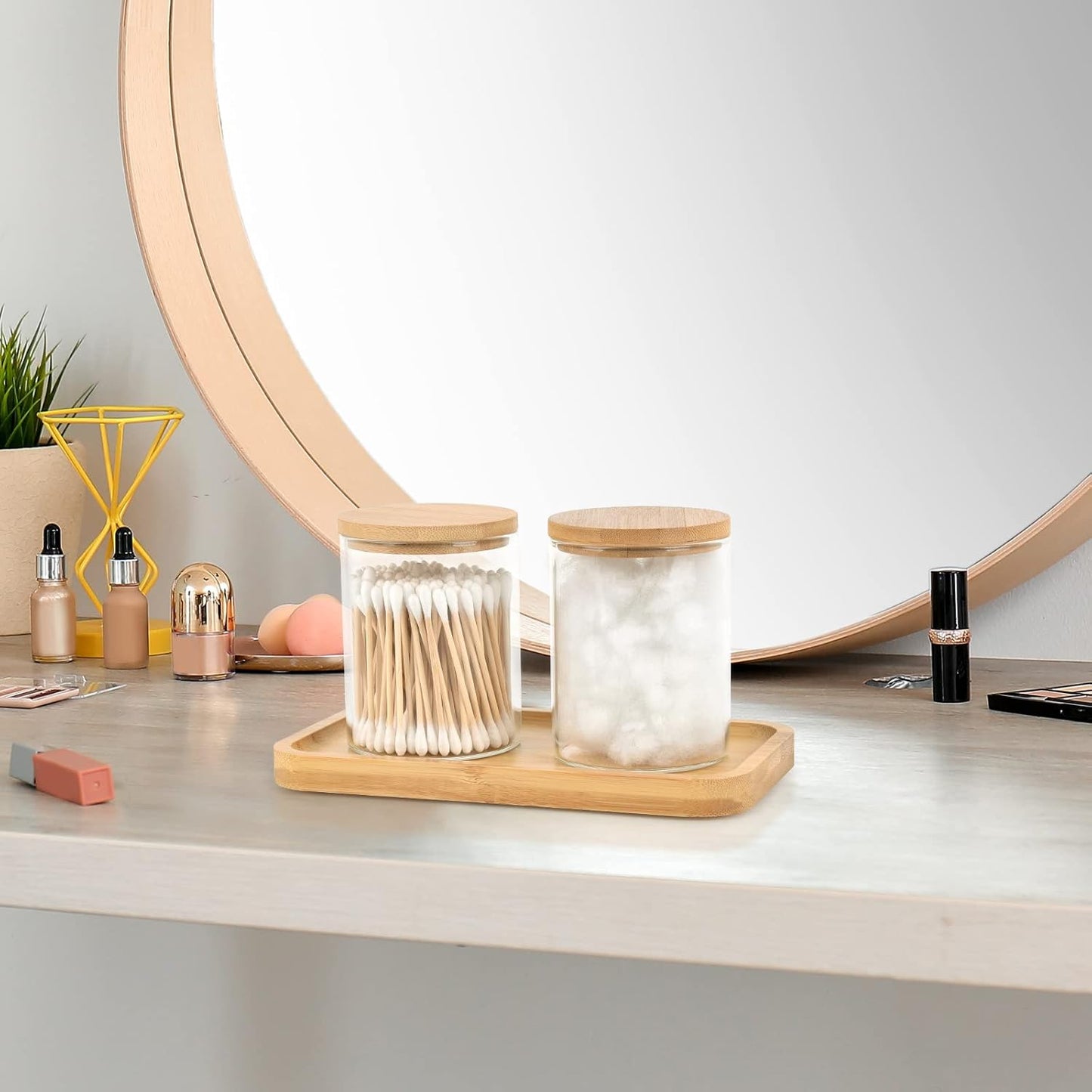 Bamboo Vanity Tray, Bathroom Tray Organizer Glass Qtip Holder Dispenser Apothecary Jars for Cotton Swabs Balls, Round Pad, Perfume Candles, Cosmetics and Jewelry Storage Organizer