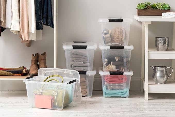 IRIS USA 19 QT Plastic Storage Box with Lid and Latches - 4 Pack - BPA-Free, See-Through Organizing Solution, Durable Nestable Stackable Containers, Secure Pull Handle - Clear