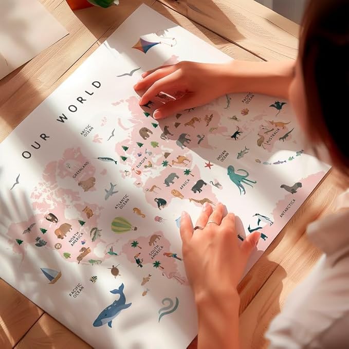 OZCONO World Map Learning Poster, Colorful Animal Chart Kids, Preschool Wall Decor Art, Homeschool Education Guide (Unframed) (11x14)