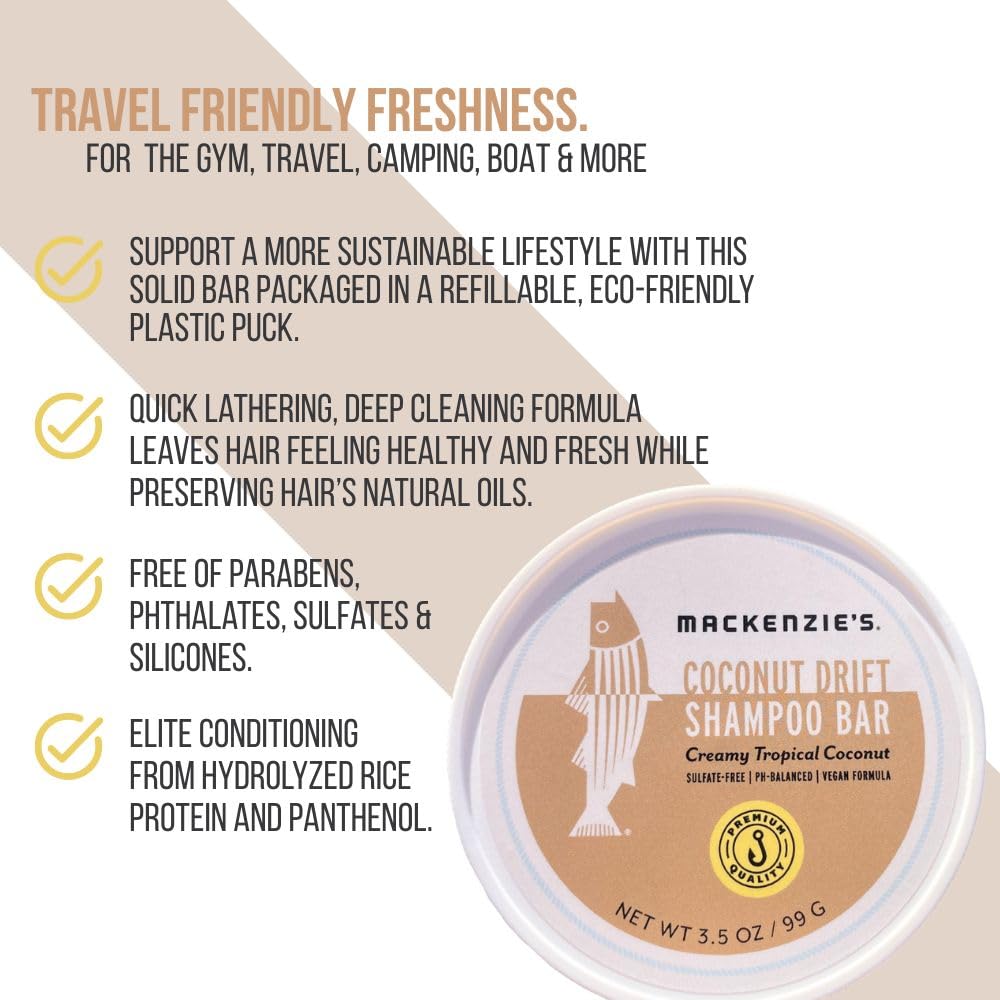 MACKENZIE'S Coconut Drift Shampoo Bar - Gifts for Fishermen - Vegan - Sulfate-Free - Eco Friendly - Zero Waste - Reusable Packaging with Travel Container - 3.5 OZ