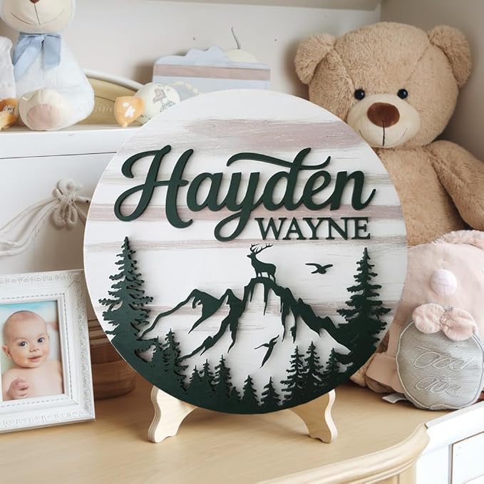 Personalized Name Sign for Nursery, Animals Sign for Baby Door Decor, Newborn Gifts for Boy, Boys Nursery Wall Bedroom Decorations, Mother's Day Gifts for New Mom Dad Gift