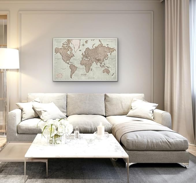 Canvas World Map with Cork Pin Board - English Lettering - Decorative Wall Decoration for All Rooms - Canvas Pictures with World Map Motif (150x100 cm, Pattern 19)