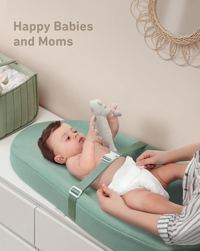 Blissful Diary Baby Changing Pad with Waterproof Lining Foam, Includes a Soft & Washable Cover, Contoured Changing Table Pads for Dresser Top with Non-Slip Bottom, 32”×16” (Green, Avocado)