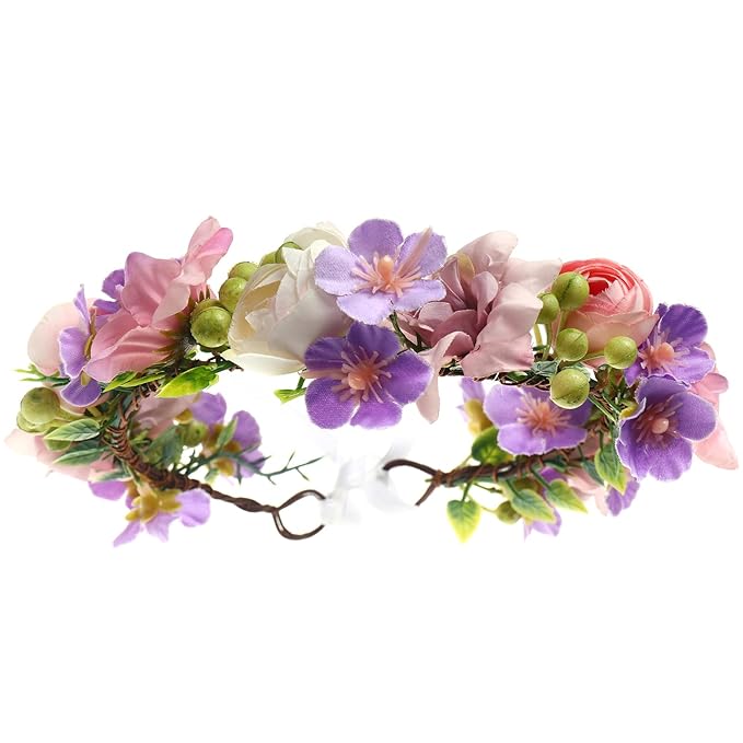 Baby Girls Flower Crown Flower Girl Headpiece boho Little Wreaths for Weddings, Family photography (Pink purple)