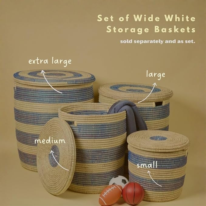 Storage & Organization - Laundry Basket, Bedroom Hamper, Nursery Toys Bin, Living Room Blankets Storage, Decorative, Wicker, Sturdy, Round, Handles, Woven, Blue Beige (Large)