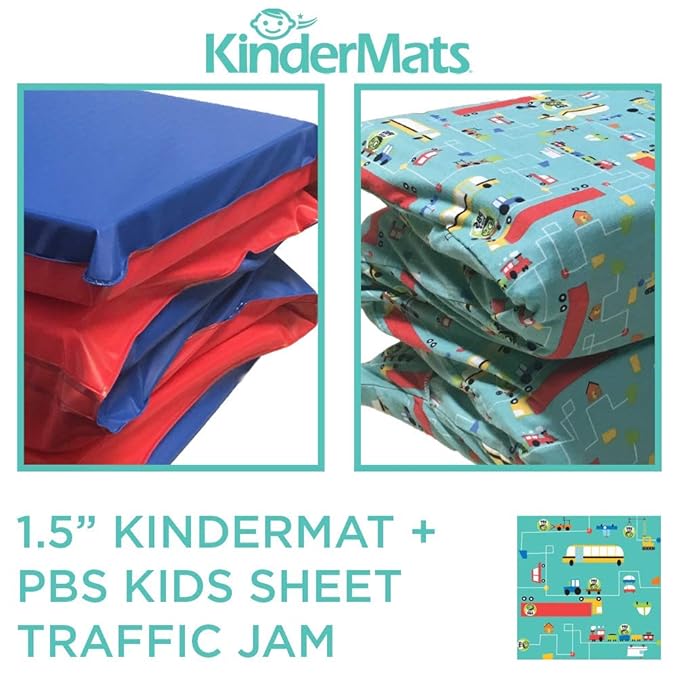 KinderMat 1.5" Thick + PBS Kids Kinderbundle - Washable Cover, Special Edition - Traffic JAM Design- Regular, Washable Sheet is 47" x 22", Value Bundle Great for Daycare & Family Households
