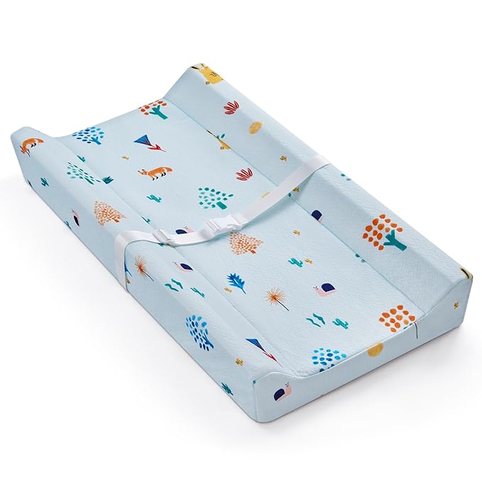 Blissful Diary Baby Changing Pad with Waterproof Lining Foam, Includes a Soft & Washable Cover, Contoured Changing Table Pads for Dresser Top with Non-Slip Bottom, 32”×16” (Blue, Rectangular)