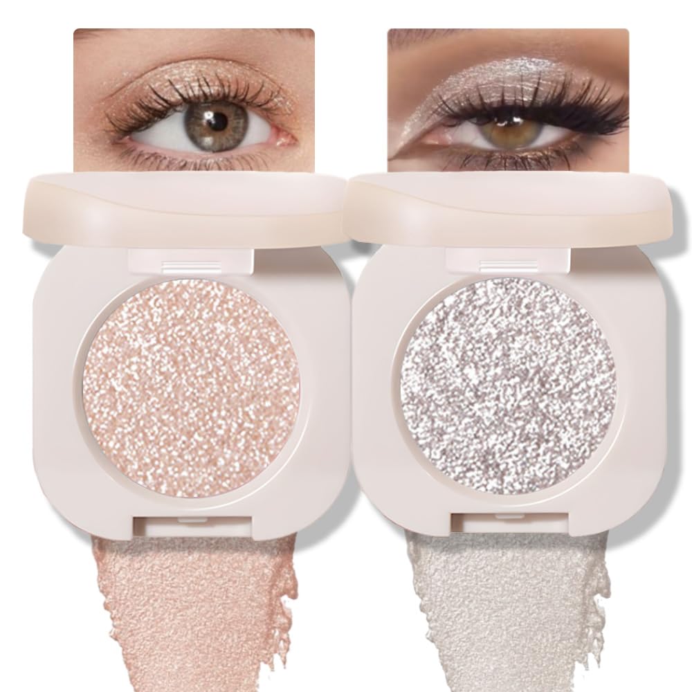 2Pcs Glitter Shimmer Sparkle Eyeshadow Palette Makeup for Green Blue Eyes, Light Brown&Sliver Glitter Shimmer eyeshadow Palette, Cream Iridescent Single Monochrome Eye Shadow Makeup