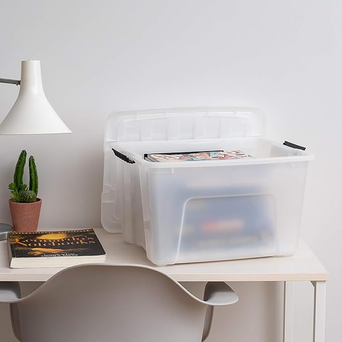 IRIS USA 40 Qt Stackable Plastic Storage Bins with Lids, 6 Pack - BPA-Free, Made in USA - Discreet Organizing Solution, Latches, Durable Nestable Containers, Secure Pull Handle - Pearl