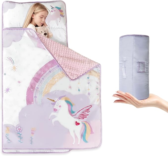 Toddler Nap Mat with Pillow and Minky Blanket 55''x35'' Toddler Sleeping Bag for Daycare, Preschool Travel Camping Mat Nap Mat for Boys and Girls
