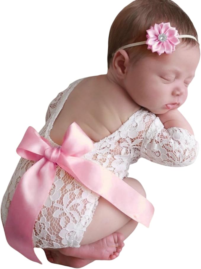 Newborn Girl Photography Outfits, Backless Lace Romper with Flower Headband Photo Props, Baby Girl Photoshoot Outfits