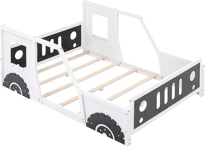 Full Car Bed, Full Size Kids Bed, Classic Car-Shaped Platform Bed with Wheels, Wood Full Montessori Bed, Full Floor Bed Frame for Boy Girls, White+Black