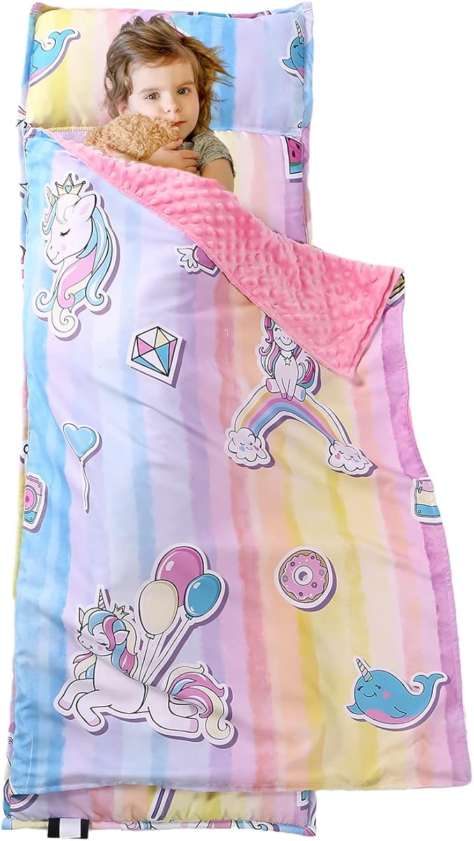 Toddler Nap Mat with Removable Pillow and Minky Blanket,Soft Rolled Napping Mats for Boys and Girls,Lightweight Daycare,Preschool,Travel Toddler Sleeping Slumber Bags-50×20”(Unicorn)