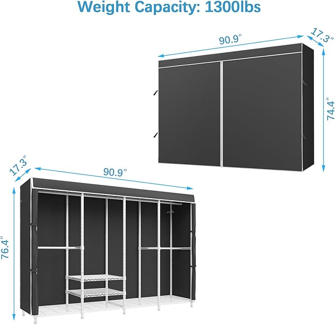VIPEK V40C Plus Large Covered Clothes Rack for Hanging Clothes, Heavy Duty Clothing Rack Portable Wardrobe Closet White Metal Closet Rack with Black Oxford Fabric Cover, Max Load 1300lbs