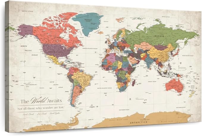 ElephantStock - Personalized World Awaits II Push Pin World Map Wall Art - Horizontal Canvas Wall Art - Living Room Wall Decor - Digital Art Map Canvas Art - Green And Beige Decor - 36" x 24"