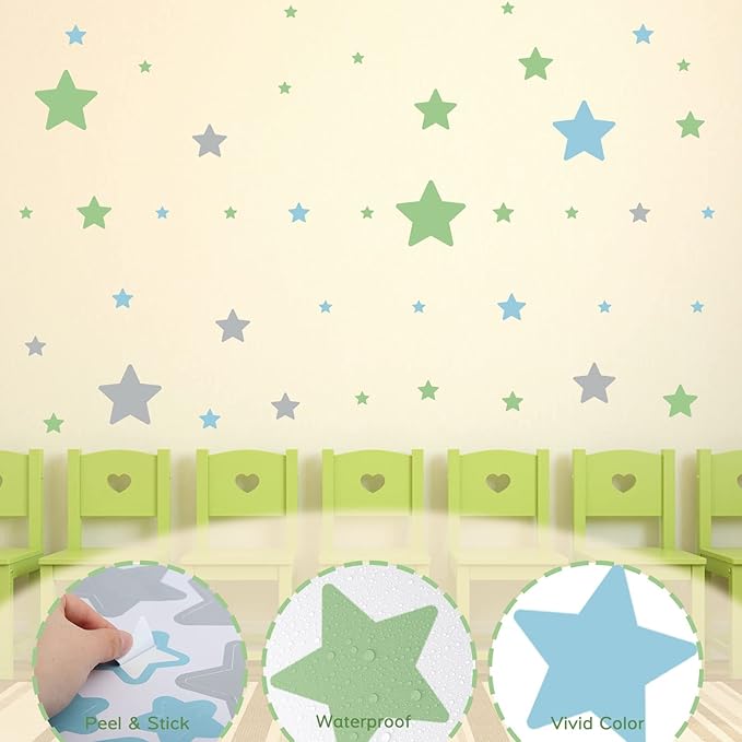 Stars Wall Decals Peel and Stick, Green Blue Grey Stars Wall Stickers for Adults Bedroom, Vinyl Stars Wall Decals for Living Room