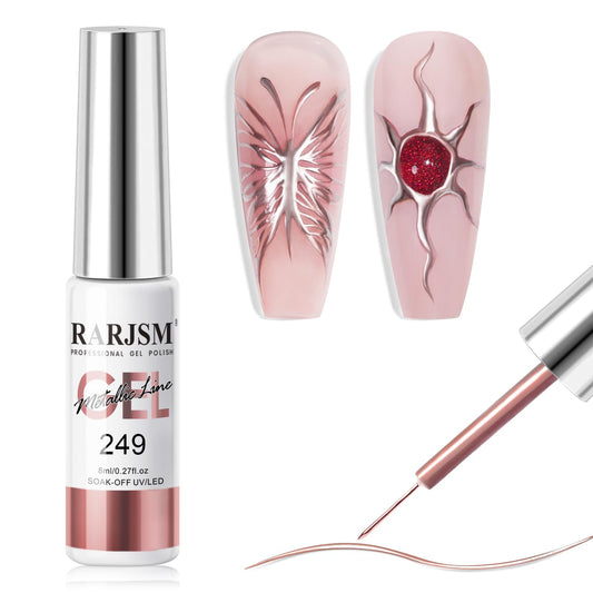 RARJSM Metallic Gel Liner Nail Art Rose Gold 3D Mirror Chrome Effect Gel Nail Polish 8ml Painting Build in Thin Brush Metal Painted Drawing Striper Gelpolish Soak off Curing Requires for Home Salon