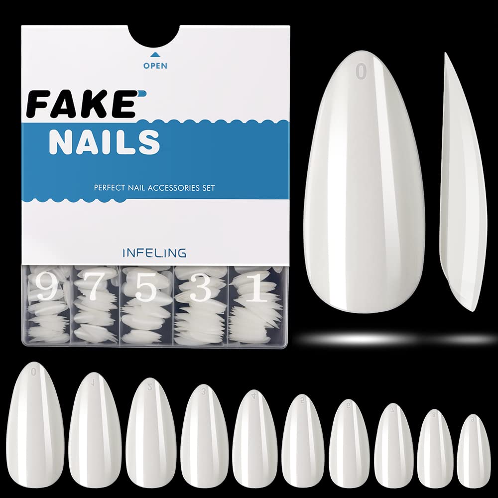 Almond Nail Tips Short - INFELING 500Pcs Full Cover Nail Tips, Acrylic False Fake Nails with Box for Nail Salons and DIY Nail Art, 10 Size, Natural