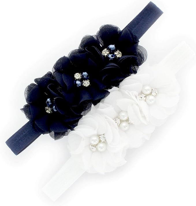 My Lello Flower Headbands Baby - Girls - Toddler Fabric Beaded Stretchy Elastic Pair