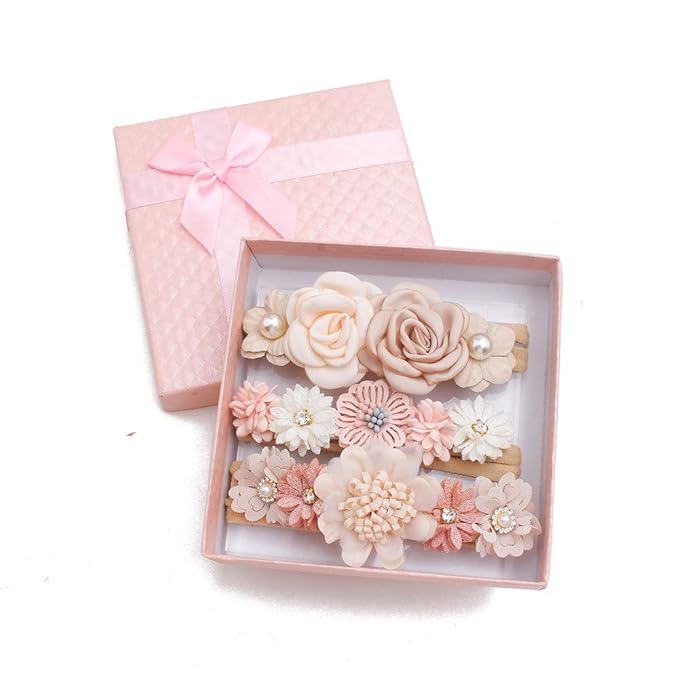 cherrboll 3pcs Baby Girl Headbands Flowers, Super Soft & Stretchy Nylon Floral Hairbands for Newborn Toddler