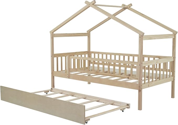 Harper & Bright Designs Twin House Bed with Trundle, Kids Platform Frame Rails and Roof, Tent Bed, Wood Playhouse Montessori for Teens Girls Boys, No Box Spring Needed (Natural)