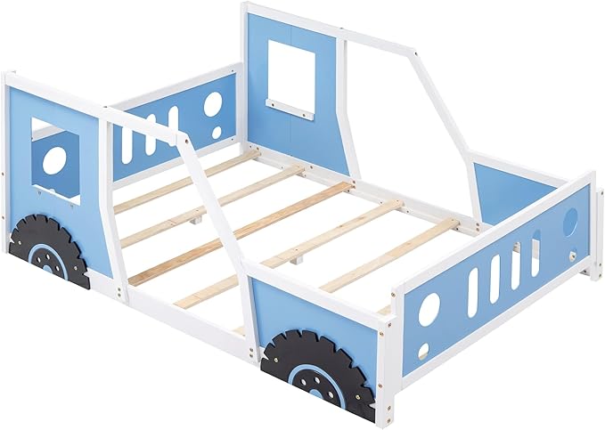 Merax Full Size Classic Car-Shaped Platform Bed with Wheels, Wood Car Bed Frame for Boys, Blue