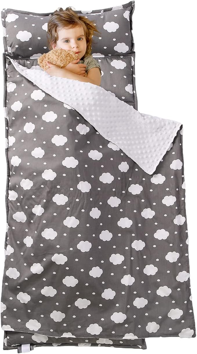 Toddler Nap Mat with Pillow and Minky Blanket,Soft Rolled Napping Mats for Boys and Girls,Lightweight Daycare,Preschool,Travel Toddler Sleeping Slumber Bags-50×20”(Cloud)