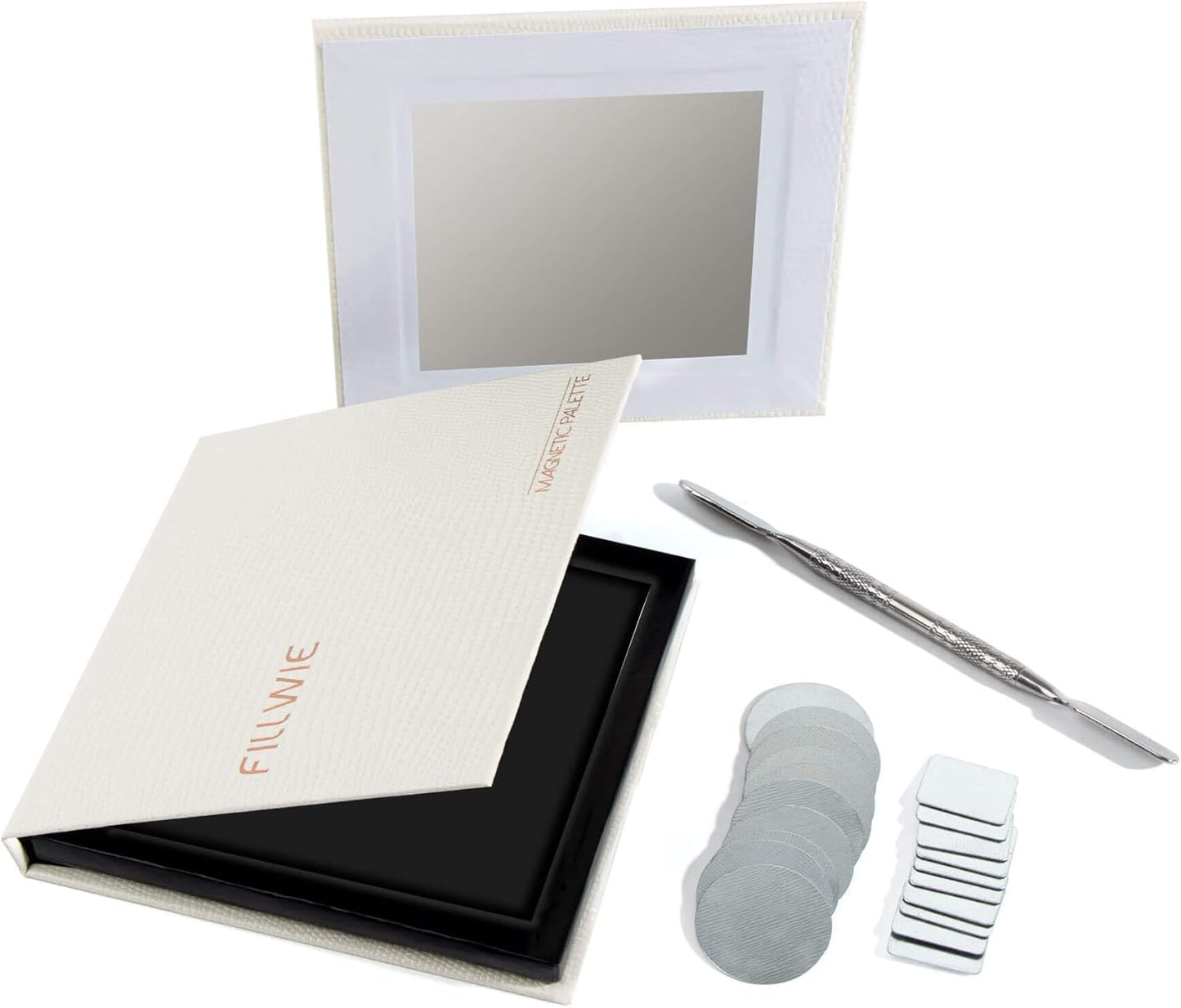 White Magnetic Refillable Makeup Palette with Mirror – Lightweight, Durable, Travel-Ready Case for Eyeshadow, Blush, Lipstick – Includes Spatula & 20 Stickers – Small, Waterproof Paperboard