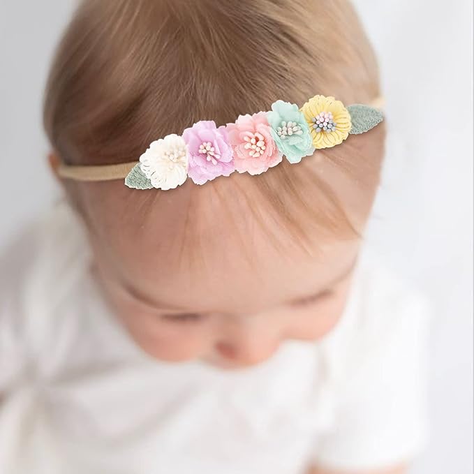 cherrboll 3pcs Baby Girl Headbands Flowers, Super Soft & Stretchy Nylon Floral Hairbands for Newborn Toddler