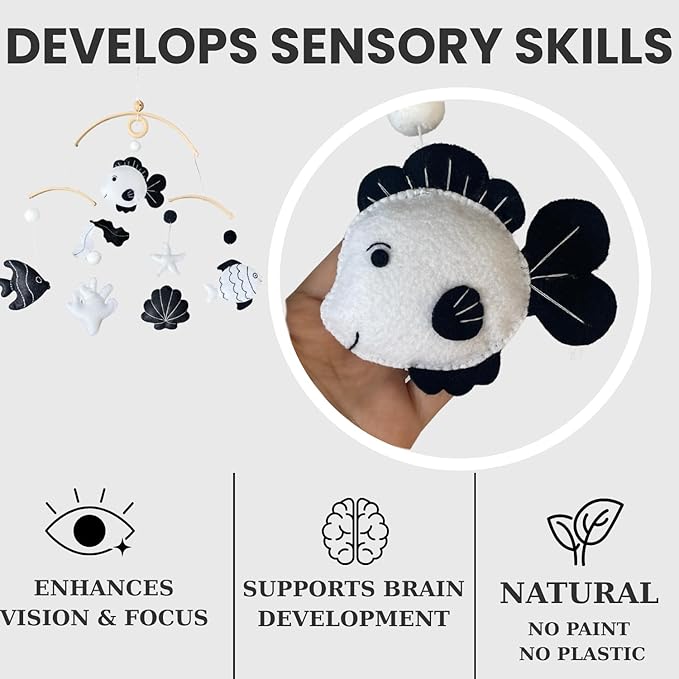 High-Contrast Black & White Fish Montessori Baby Mobile for Crib, Adjustable Wooden Arm Holder, Easy Clip-On Nursery Decor for Visual Stimulation & Gift