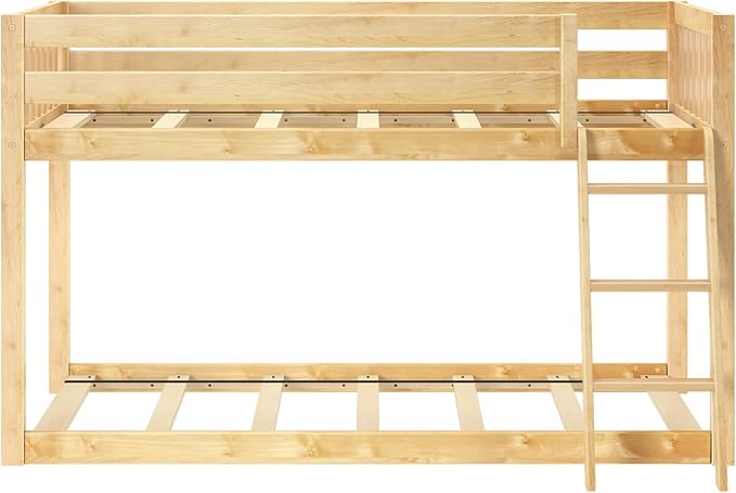 Max & Lily Fundamental Twin Low Bunk Bed, Kids Solid Wood Modern Bed Frame with Strong Wooden Slats, Non-Toxic Finishes, High Weight Capacity, Natural