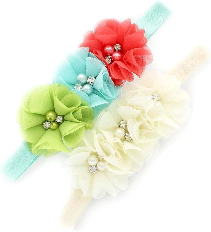 My Lello Flower Headbands Baby - Girls - Toddler Fabric Beaded Stretchy Elastic Pair