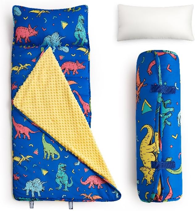 Toddler Nap Mat with Removable Pillow & Minky Blanket Sleeping Bag for Kids Handle & Fastening Nap Mats for Preschool Daycare Kindergarten Kids Sleeping Bag (Ages 2-7 Years) Blue Dinosaur