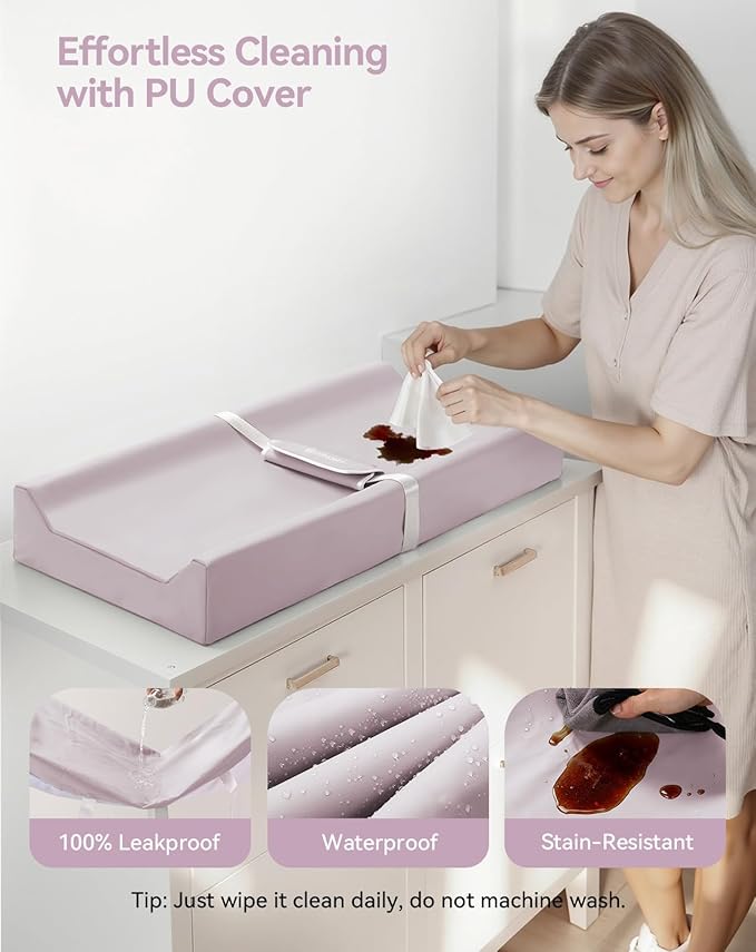 COMOMY Baby Changing Pad with Wipeable & Waterproof PU Cover, Contoured Diaper Changing Pad for Dresser with Non-Slip Safety Belt, Portable and Lightweight, Large Cushioned Foam, Lavender